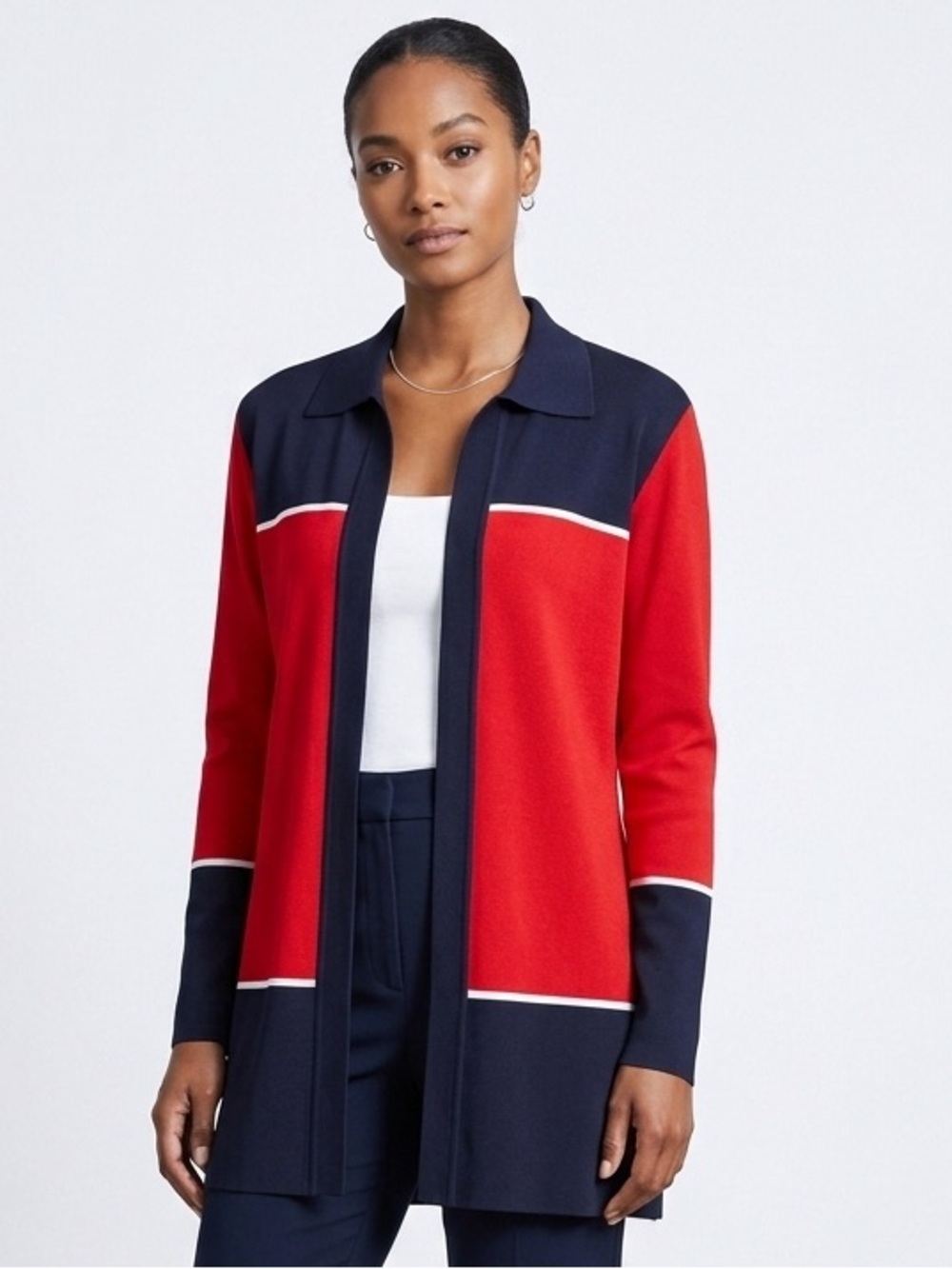 Misook Red & Navy Open-Front Colorblock Cardigan vintage size medium
